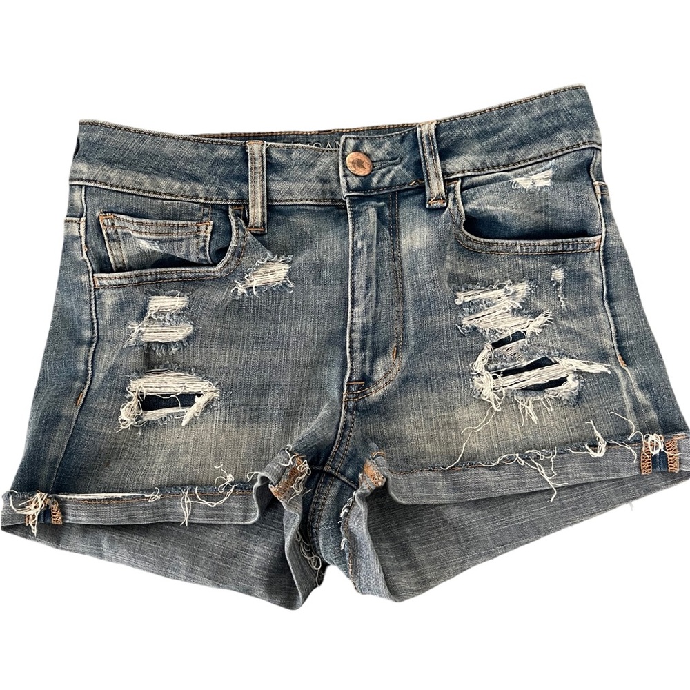 American Eagle EUC High Rise Shortie Denim Jean Shorts Super Stretch Size 6